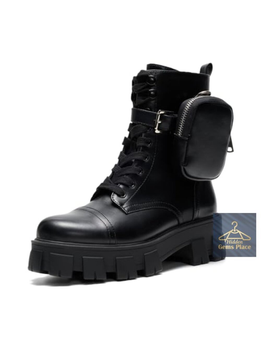 Women's Leather Platform Combat Boots Chunky Heel Lace Up Bootie with Pouch